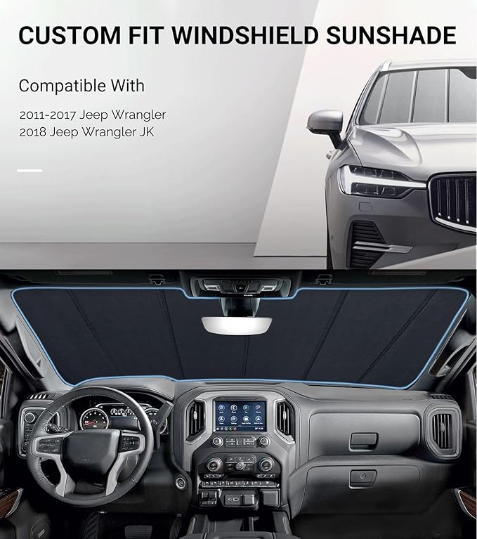 Windshield Sunshade for Jeep Wrangler 2011-2017, Wrangler JK 2018 Front Window Shade- Safeguard