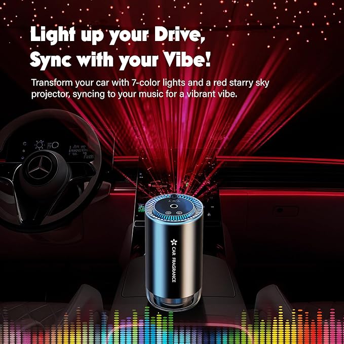 Smart Car Air Freshener - Automatic Essential Oils Aroma Diffuser - Rechargeable Auto On/Off Fragrance Fresheners with Starry Lights Projector - 3 Adjustable Mode Scent Purifier with 50mL Perfume