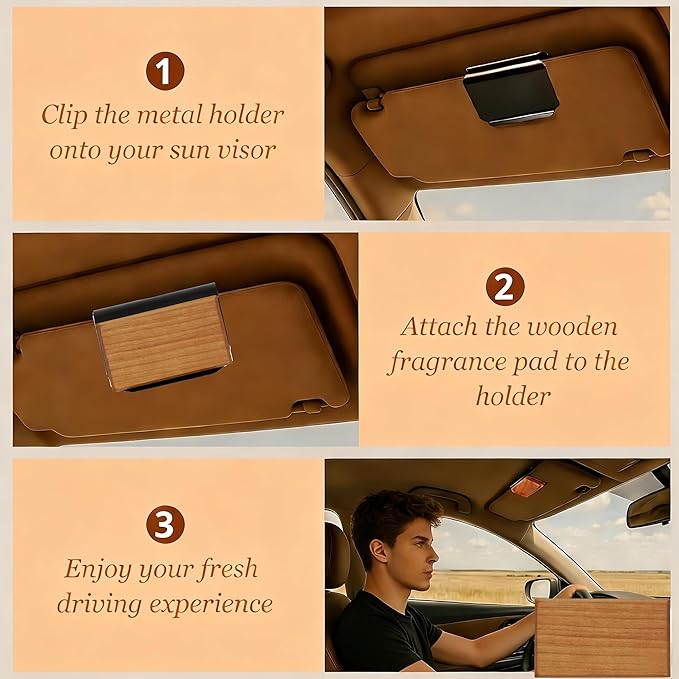 Car Air Freshener Wood Air Freshener - Car Odor Eliminator for Visor Clip Auto Accessories - Metal Clip - Essential Oils - Clean Ingredients - Teak Scent Starter Kit3PCS（Cabana/pine/amber）