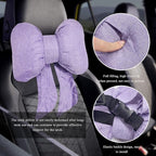 Bow Car Headrest Pillow, Breathable Ergonomic Auto Neck Cushion with Adjustable Strap, Comfy Vehicle Neck Support Pillow Cute Bow Girl-Style Decoration for Driving Seats (Purple)