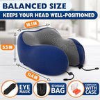 Neck Pillow for Plane Travel – 4-in-1 Kit | Adjustable Blue Memory Foam Neck Support Pillow, Eye Mask, Earplugs, & Cover | Cozy, Washable Cotton Cover with Secure Buttons – Comfort Traveling