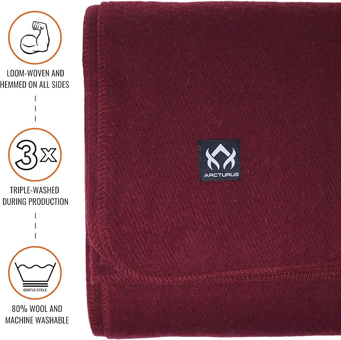 Arcturus Military Wool Blanket - Warm, Thick, Washable - Great for Outdoors, Camping, Stadium Blanket, Picnics, Travel - Car & Bushcraft Survival Kits