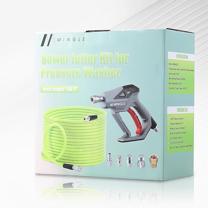 M MINGLE Sewer Jetter Kit for Pressure Washer 150 FT, Drain Cleaner Hose with Power Washer Gun, 1/4 Inch NPT Corner Rotating and Button Nose Sewer Jetting Nozzle, Orifice 4.0, 4.5