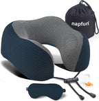 napfun Neck Pillow for Traveling, Upgraded Travel Neck Pillow for Airplane 100% Pure Memory Foam Travel Pillow for Flight Headrest Sleep, Portable Plane Accessories, Deep Blue Striped Kit