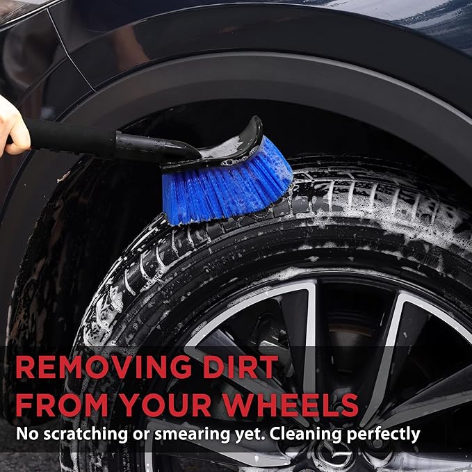 TAKAVU 17.5" Long Handle Wheel Tire Body Brush - Gentle Car Wash Brush for Safe Tire Sidewall & Wheel Cleaning - Scratch-Free Automotive Tool (Blue - Stiff Bristle)