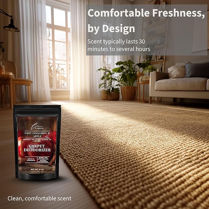 Lapew Cozy Cinnamon & Apple Carpet Deodorizer Powder - Pet Safe Freshener for Vacuuming | Scented Odor Eliminator for Home | 16 oz