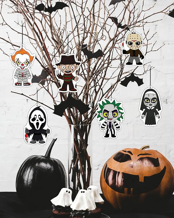 Car Air Freshener Hanging, 6Pcs Horror Figures Halloween Tree Decorations, Horror Movie Gifts, Halloween Air Freshener Car Decor, Scented Rearview Mirror Pendant, Halloween Gifts for Men Women
