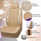 CAR PASS Leather Bling Diamond Car Seat Covers 2 Front Interior Sets, Waterproof Universal Shining Glitter Crystal Sparkle Fit for 95% Automotive Truck SUV Cute Women Girl, Beige Rhinestone