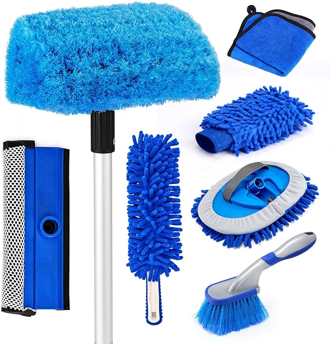 62" Car Wash Brush Kit with Hose Attachment, Scratch-Free Microfiber & Soft Bristles, Long Handle Wash Mop for Cars, Trucks, SUV & RV – Flow-Through Cleaning Kit with Mitt, Towel & Tire Brush