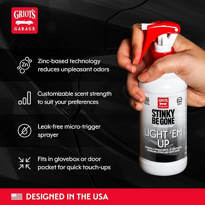 Griot's Garage Stinky-Be-Gone Light 'Em Up Air Freshener Spray – Odor Remover for Cars, Trucks, and SUVs on Carpets, Floor Mats, and Under Seats, 8oz