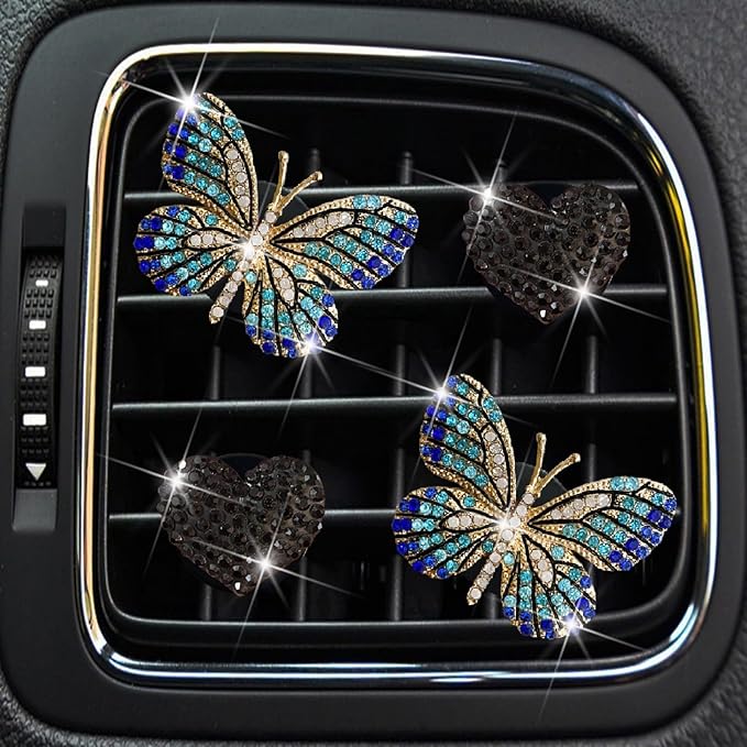 4 Pcs Blue Bling Butterfly and Heart Car Air Fresheners Vent Clips Diffuser Vent Clip Rhinestone Diamond Decoration Car Interior Decor Cute Accessories for Women, Automotive Air Fresheners (Black, 2)