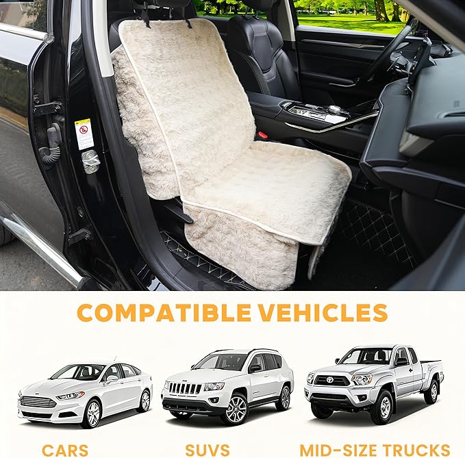 Dog Car Seat Cover for Back Seat & Front Seat, Plush Faux Fur Pet Car Seat Protector with Waterproof Layer, Non-Slip Bottom, Side Flaps, Machine Washable (Front Seat Beige)