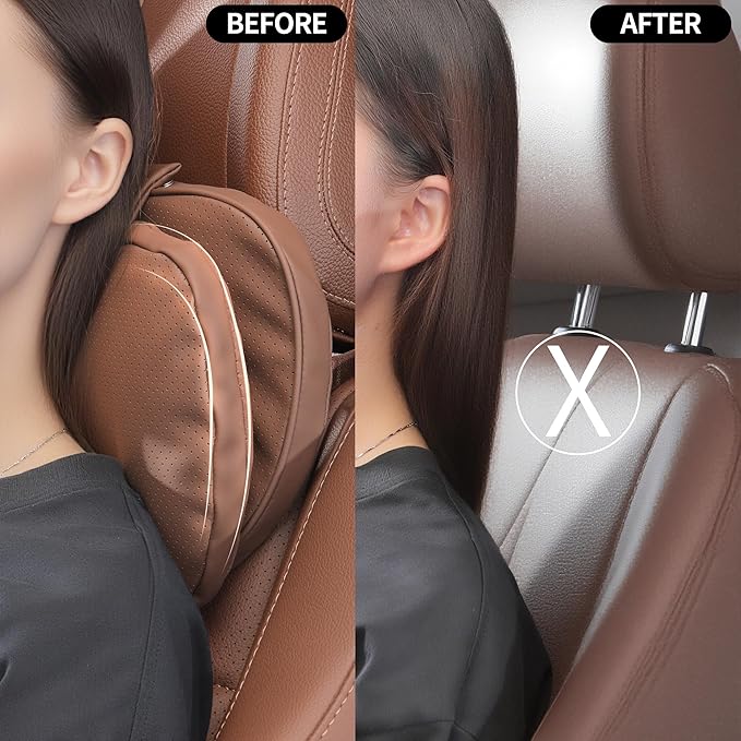 Car Headrest Pillow for Driving, Dual-Sided Leather Design Neck Pillow, Breathable Softness Neck Support, Universal Fit Head Rest Travel Pillow, Brown, 1 Pack