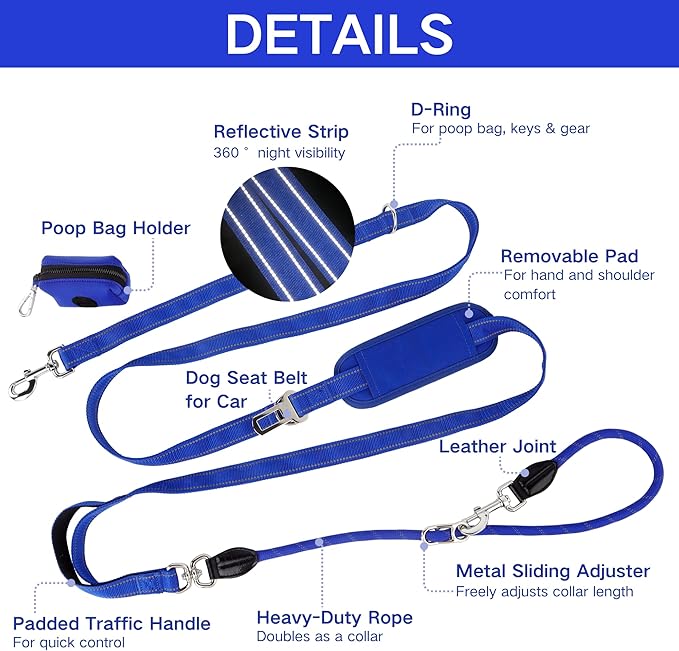 10FT Hands Free Dog Leash for Small Medium Large Dogs, Heavy Duty Reflective Dog Leash with Traffic Handle, Seat Belt Buckle & Poop Bag Holder (Navy Blue)