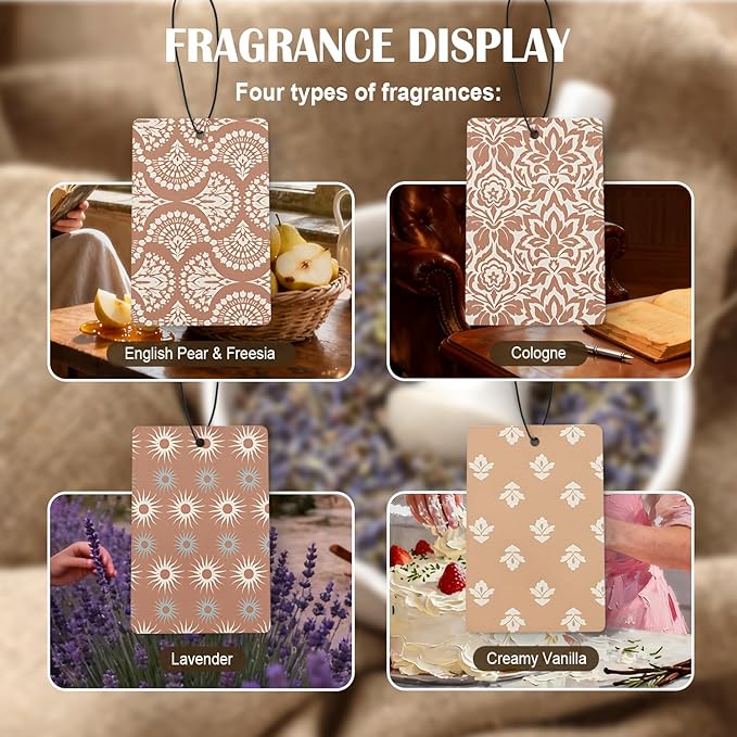Boho Neutral Floral Car Air Freshener 4 Pcs, Terracotta Sunshine Damask Floral Hanging Air Freshener for Cars Closet Drawer Books, Boho Flower Car Accessories for Women