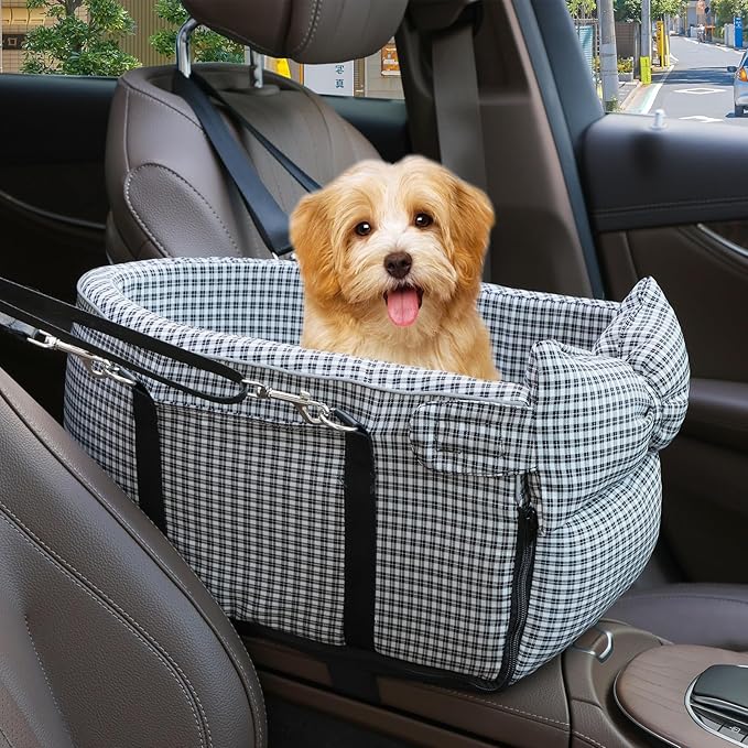 Dog Car Seat for Small Dogs, Anti-Collapse Pet Seat with Soft Cushion Safety Belt, Fits Dogs & Cats Under 15 lbs (Grid-Black)