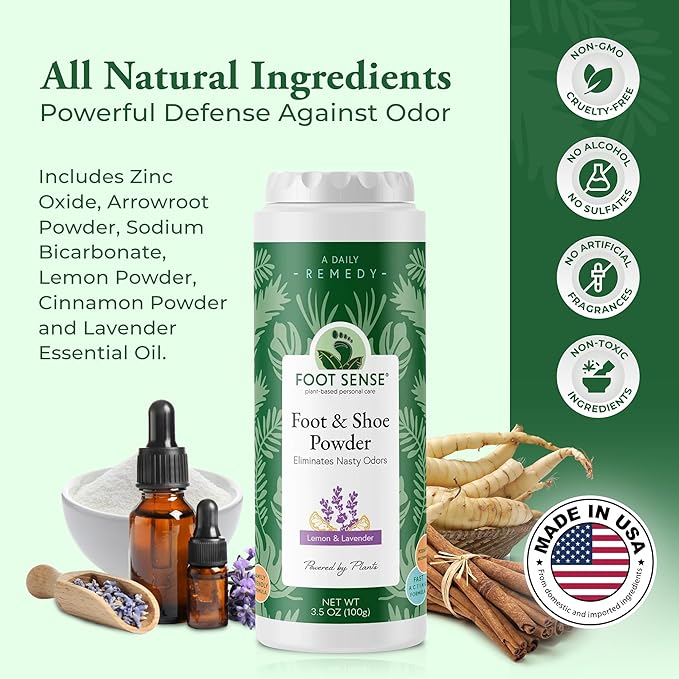 FOOT SENSE All Natural Foot & Shoe Powder, Foot Odor Eliminator for Long-Lasting Odor Control Lasts up to 6 Months, Disinfects & Deodorizes, Safe for Men, Women, Kids, Athletes, 100g