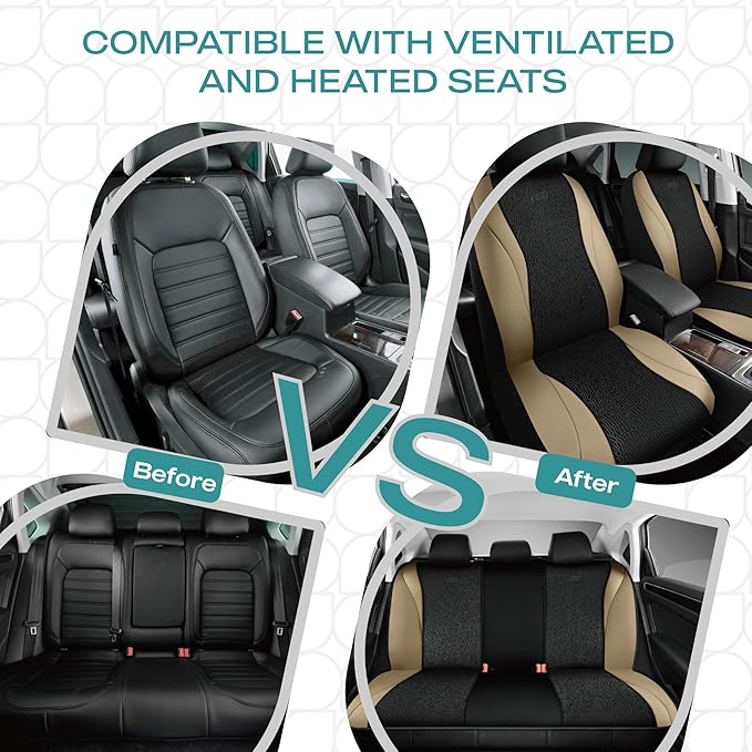 Skechers Car Seat Covers,Leather Seat Covers with GOGA Mat Technology,Waterproof Car Seat Covers Full Sets,Airbag Compatible,Comfort Universal Fit for Most Cars,Vans,Trucks,SUVs,Beige