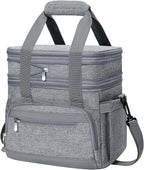Insulated Lunch Box for Men & Women - Double Layer Leakproof Lunch Bag with Adjustable Shoulder Strap, Expandable Food Cooler for Work, Office, Travel, Camping (Grey)