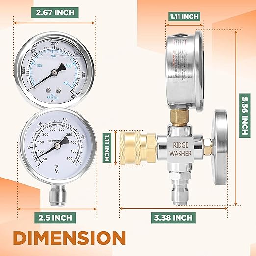 RIDGE WASHER 2-in-1 Pressure Washer Gauge, Stainless Steel Power Washer Gauge Temperature Gauges, 3/8 Inch Quick Connect, 6000 PSI