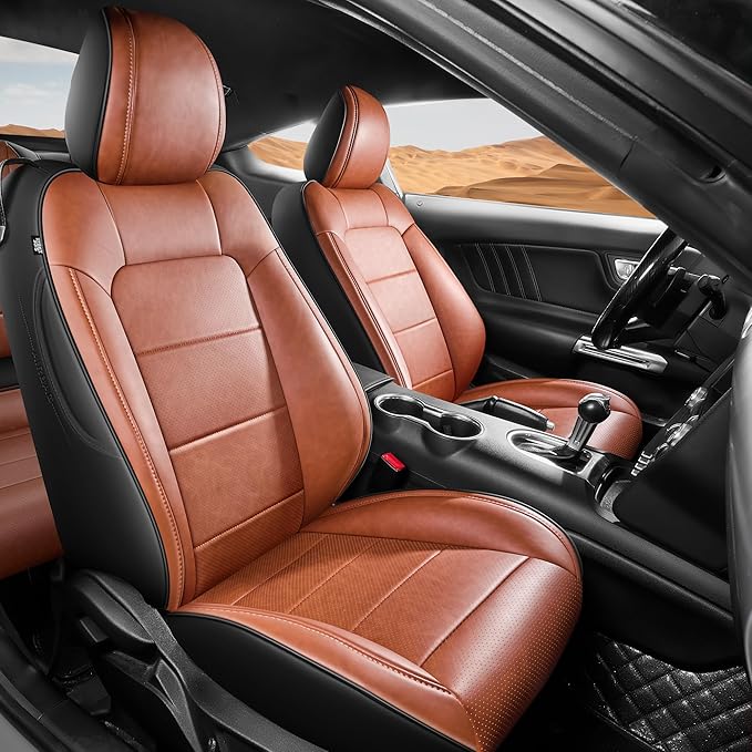 2 Pack Front Seat Cover for Ford Mustang Coupe Hardtop 2015-2026 (NOT FIT Convertible) Faux Leather Waterproof Seat Cover for Cars (Brown+Black-Front)