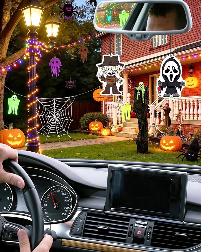 Car Air Freshener Hanging, 6Pcs Horror Figures Halloween Tree Decorations, Horror Movie Gifts, Halloween Air Freshener Car Decor, Scented Rearview Mirror Pendant, Halloween Gifts for Men Women