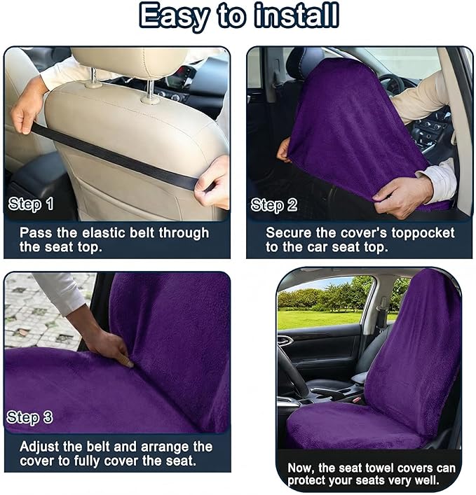 Car Seat Towel Cover, Universal Front Seat Protector for Cars, SUVs and Trucks, Sweat Towel Car Seat Cover for Gym, Yoga, Swimming, Pets and Family Travel, Profound Purple, 2 Pack
