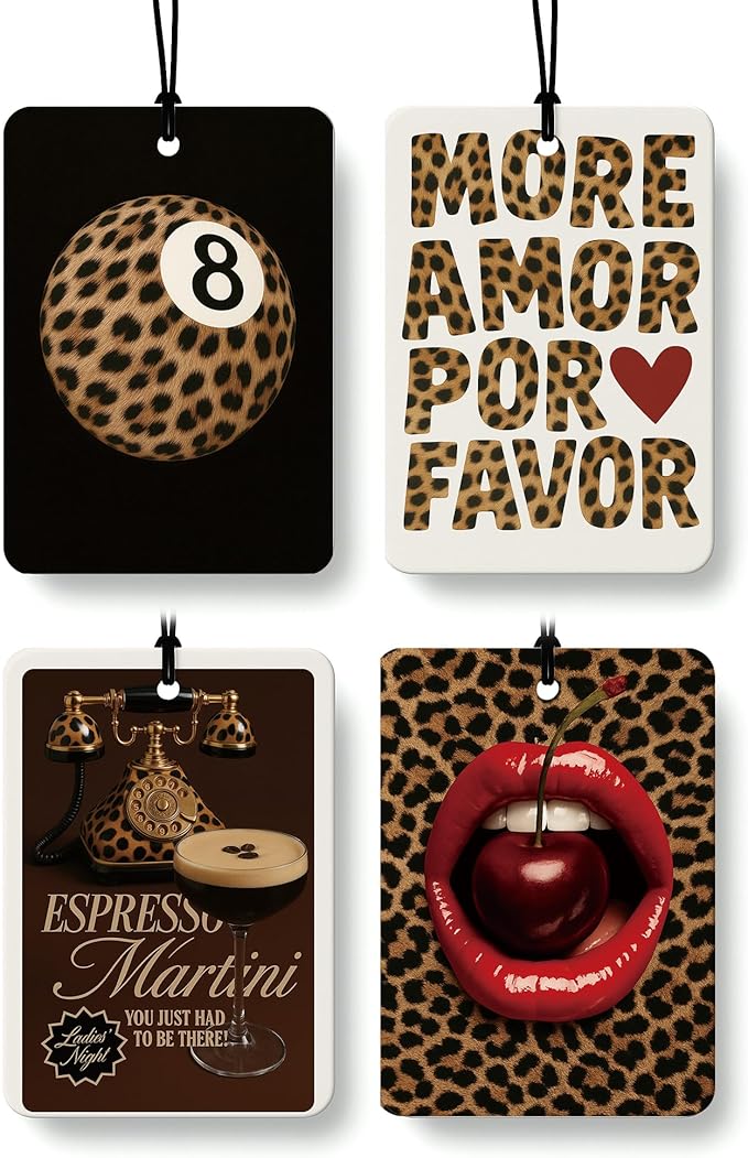 Retro Black Cheetah Car Air Freshener 4 Pcs, Funky Retro Leopard Print 8 Ball Red Lips Cherry Hanging Air Freshener for Cars Closet Drawer Books, Girly Car Accessories Mirror Decor for Women