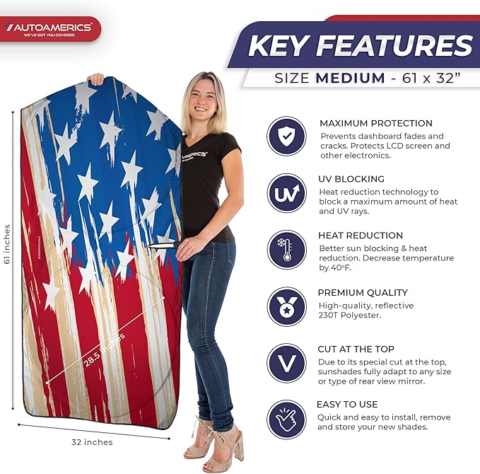 Autoamerics 1-Piece Windshield Sun Shade USA Art Flag - 1 American Design - Foldable Car Front Window Sunshade for Most Sedans SUV Truck - Blocks Max UV Rays and Keeps Your Vehicle Cool - Medium