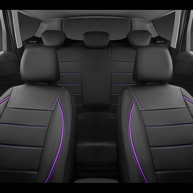 CAR PASS Universal FIT Piping Leather Two Front Seat Covers, Waterproof Faux Leather for SUV Sedan Van Truck, Airbag Compatible,Reserved Opening Holes for Headrest Covers(Black and Purple)