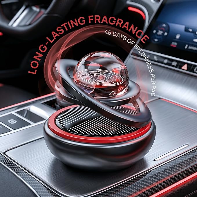 Petraero Solar Levitating Car Ornament & Air Freshener – Dual-Ring Auto-Rotating Aromatherapy Diffuser, Light-Sensing LED, Cool Dashboard Decor for Car/Truck/Desk (black)