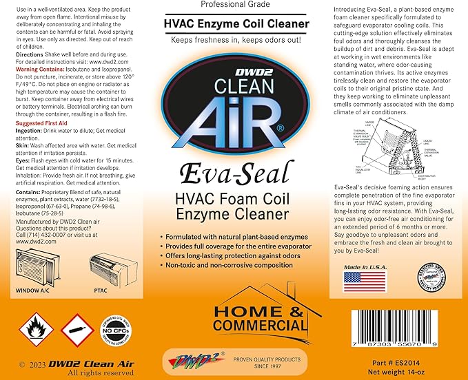 EvaSeal Home & Commercial Foaming HVAC Cleaner with Plant-Based Enzymes – Designed to Clean Coils, Neutralize Odors, and Help Reduce Buildup for Cleaner, Fresher Air (14 oz)
