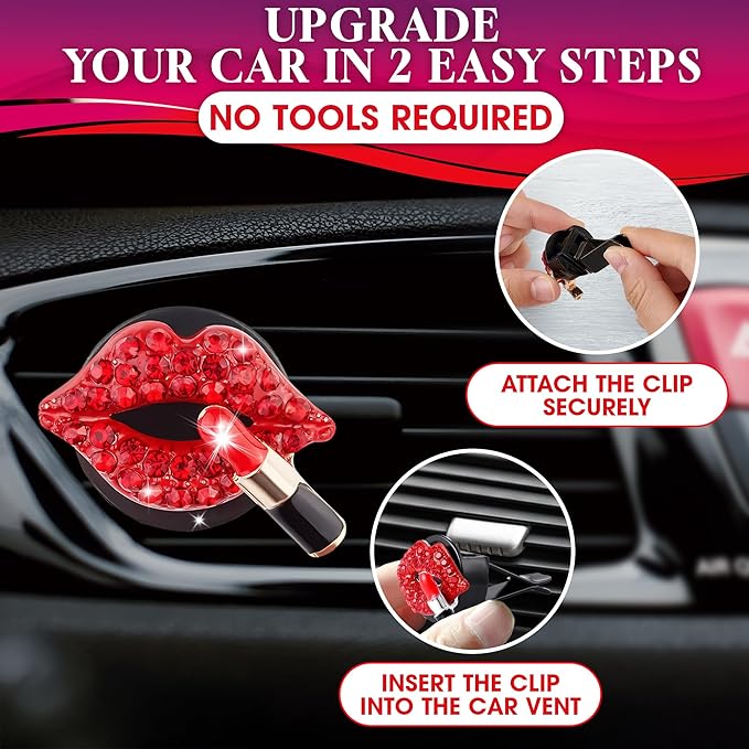 Bling Car Decor Auto Air Vent Clip Charms, Crystal Interior Car Accessory, Auto Decoration Charms, Car Bling Accessories (Red Kiss Lips)