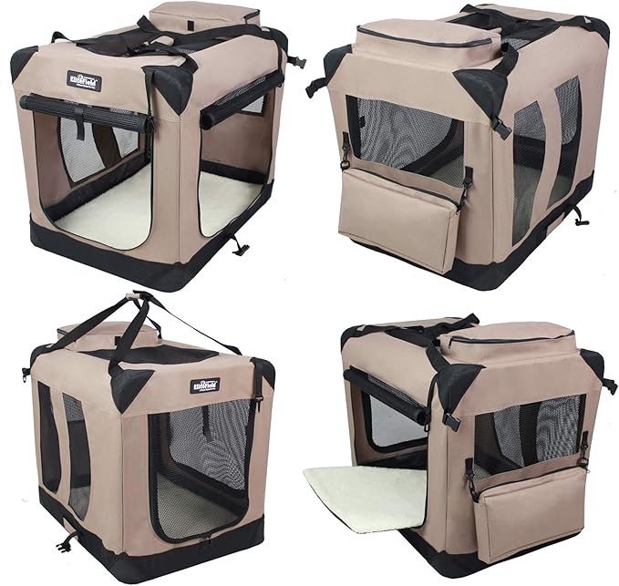 EliteField 3-Door Folding Soft Dog Crate with Carrying Bag and Fleece Bed (2 Year Warranty), Indoor & Outdoor Pet Home (36" L x 24" W x 28" H, Khaki)