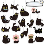 Funny Black Cat Car Air Fresheners - 16Pcs Cute Cartoon Meme Freshener Hanging Ornaments for Women, Kitten Hanging Interior Scent Accessories for Birthday Party Gift Car Mirror Wardrobe Home