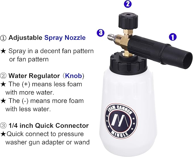 M MINGLE Foam Cannon, Compatible with Karcher K2, K3, K4, K5, K6, K7 Pressure Washer, with 5 Nozzle Tips, 1/4 Inch Quick Connector