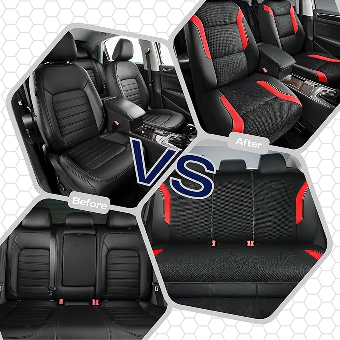 Skechers Memory Foam Car Seat Covers, Air Cool Mesh Thick Seat Covers, Car Seat Full Sets, Airbag Compatible, Automotive Comfort Protection for Most Cars,Vans,Trucks, SUVs,Red