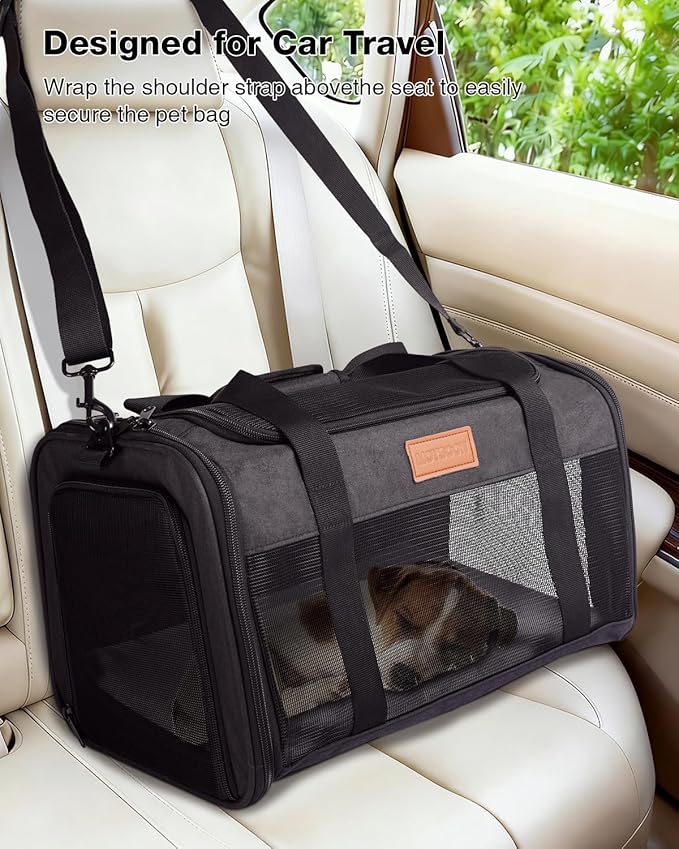 Pet Carrier Airline Approved 17x11x9.5 in - Underseat, Top & Side Entry Soft Dog Cat Travel Carrier with Safety Zippers ＆ Anti-Scratch Mesh for Small Cat and Dog for Pets Up to 10 Lb - Black