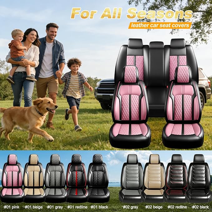 Fit CX-50 Car Seat Covers for Select Mazda CX50 2023-2026, Premium Full Coverage Leather, Airbag Compatible, Waterproof All Weather Seat Protector, Front Pair Black+Pink