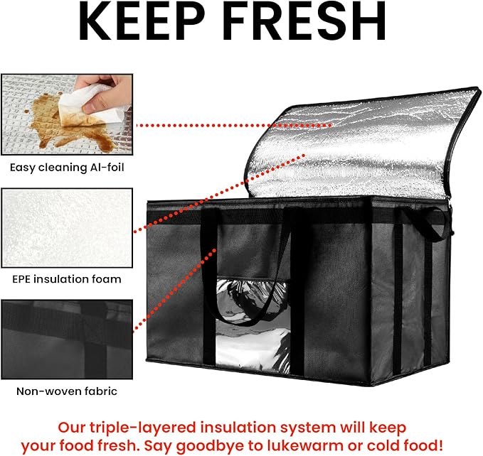 NZ home Insulated Bags for Food Delivery (3XL, 10 Pack, Black) Grocery Shopping Cooler Bag, Pizza Delivery, Hot & Cold Catering Tote, Reusable, Foldable & Heavy Duty