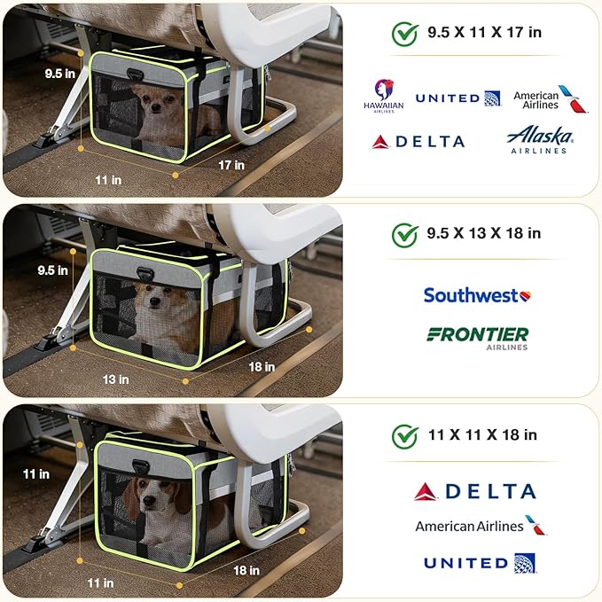Lekereise Top-Expandable Pet Carrier 17x11x9.5 Inch Alaska Hawaiian Airline Approved Soft Sided Underseat to 12lbs Travel Carriers for Small Cats and Dogs with Locking Safety Zippers Anti-Scratch Mesh