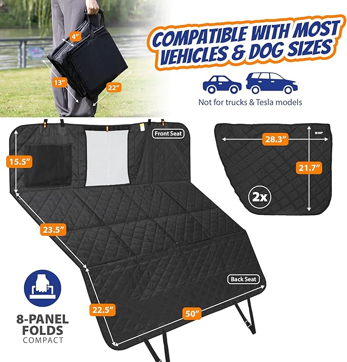 Panther Armor Hard Bottom Backseat Extender for Dogs, Dog Car Seat Cover with 2 Door Protectors, Foldable 8-Panel Dog Hammock, Waterproof Bench Seat Protector, Washable Topper