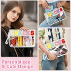 Snack Bag for Travel - Clear Chenille Varsity Letter Flat Pouch with Zipper, 12.2×8.46 inch Waterproof Clear Nylon Preppy Patch Makeup Cosmetic tote Bags for Women Girls
