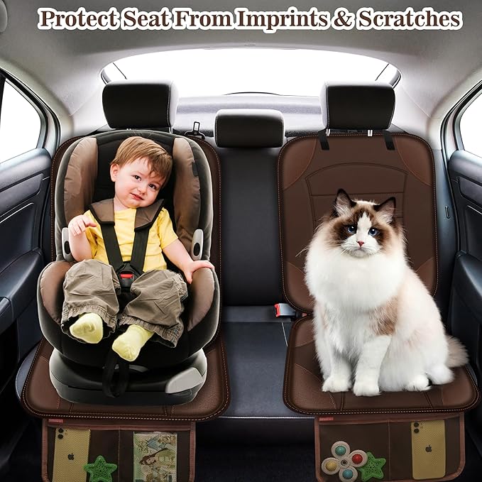 Sinvitron Car Seat Protector for Child Car Seat, Waterproof Car Seat Cover for Leather and Fabric Seats, 2 Mesh Pockets, Non-Slip Bottom, Thick Padding Cushion(1 Pack, Brown)