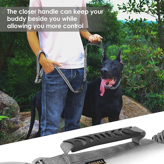 AUBELL Tactical Dog Leash Heavy Duty,4-6ft Reflective Strong No Pull Bungee Leash for Medium Large Dogs with Comfortable Padded Double Handle,Car Seat Belt,360 Degree Rotating Carabiner,Grey