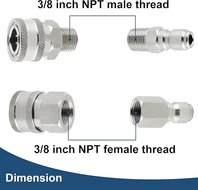 Pressure Washer Quick Connect 3/8 Inch, Pressure Washer Fittings, Stainless Steel Adapter Set, Female and Male Thread, 8 Pieces