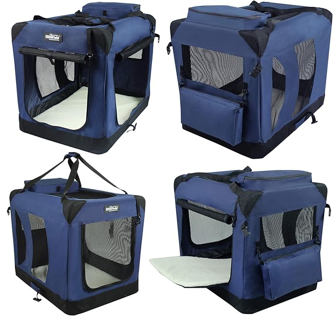 EliteField 3-Door Folding Soft Dog Crate with Carrying Bag and Fleece Bed (2 Year Warranty), Indoor & Outdoor Pet Home (36" L x 24" W x 28" H, Navy Blue)