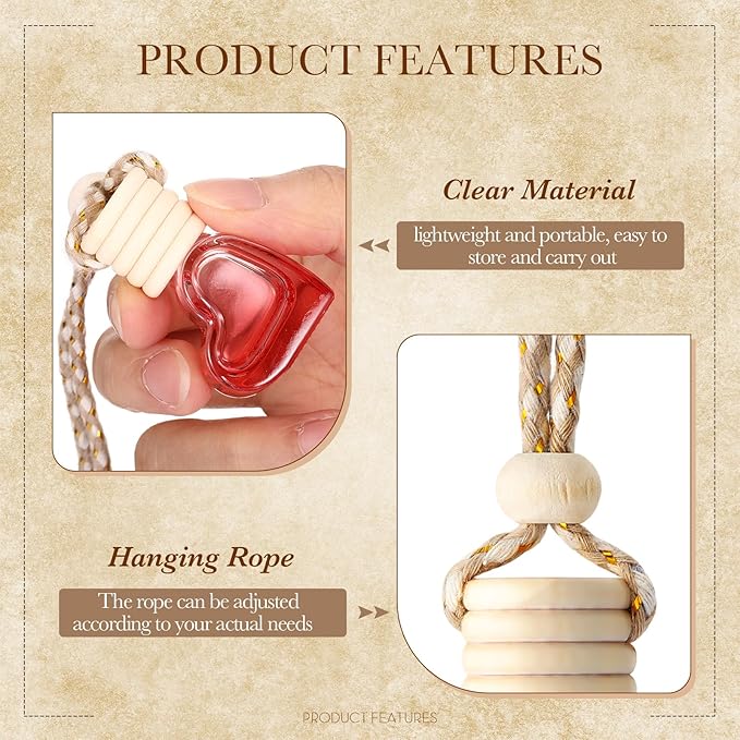 50 Pcs 6ml Hanging Car Diffuser Bottle Empty Glass Perfume Air Freshener Heart Love Bottle Diffuser Pendant Valentine's Day Essential Oil Fragrance Aromatherapy Ornament (Red)