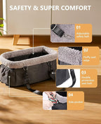 BurgeonNest Center Console Dog Car Seat for Small Dogs up to 9lbs - Sturdy Metal Frame Anti-Collapse Pet Booster Seat for Car Armrest, Dual Safety Belts & Washable Cushion, Grey