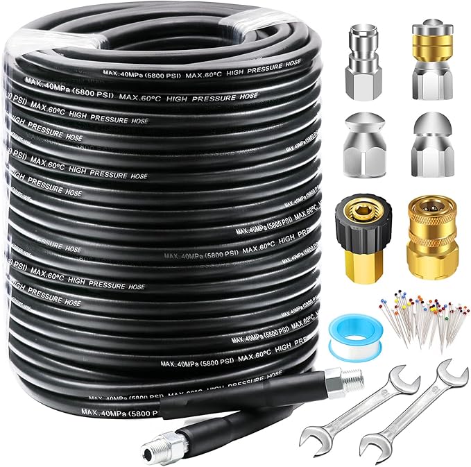 West Bay 150FT Sewer Jetter Kit for Pressure Washer, 5800PSI Drain Cleaner Hose 1/4 Inch NPT, Corner, Rotating and Button Nose Sewer Jetting Nozzle Waterproof Tape Pearl Corsage Pin with 2Pcs Spanner